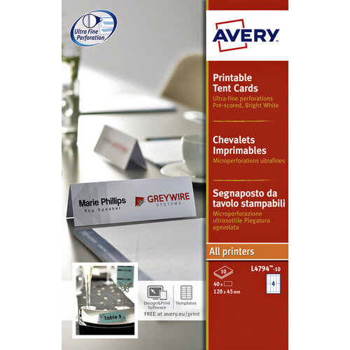 Avery Porte-noms de table Avery L4794-10 120x45mm blanc 40pcs
