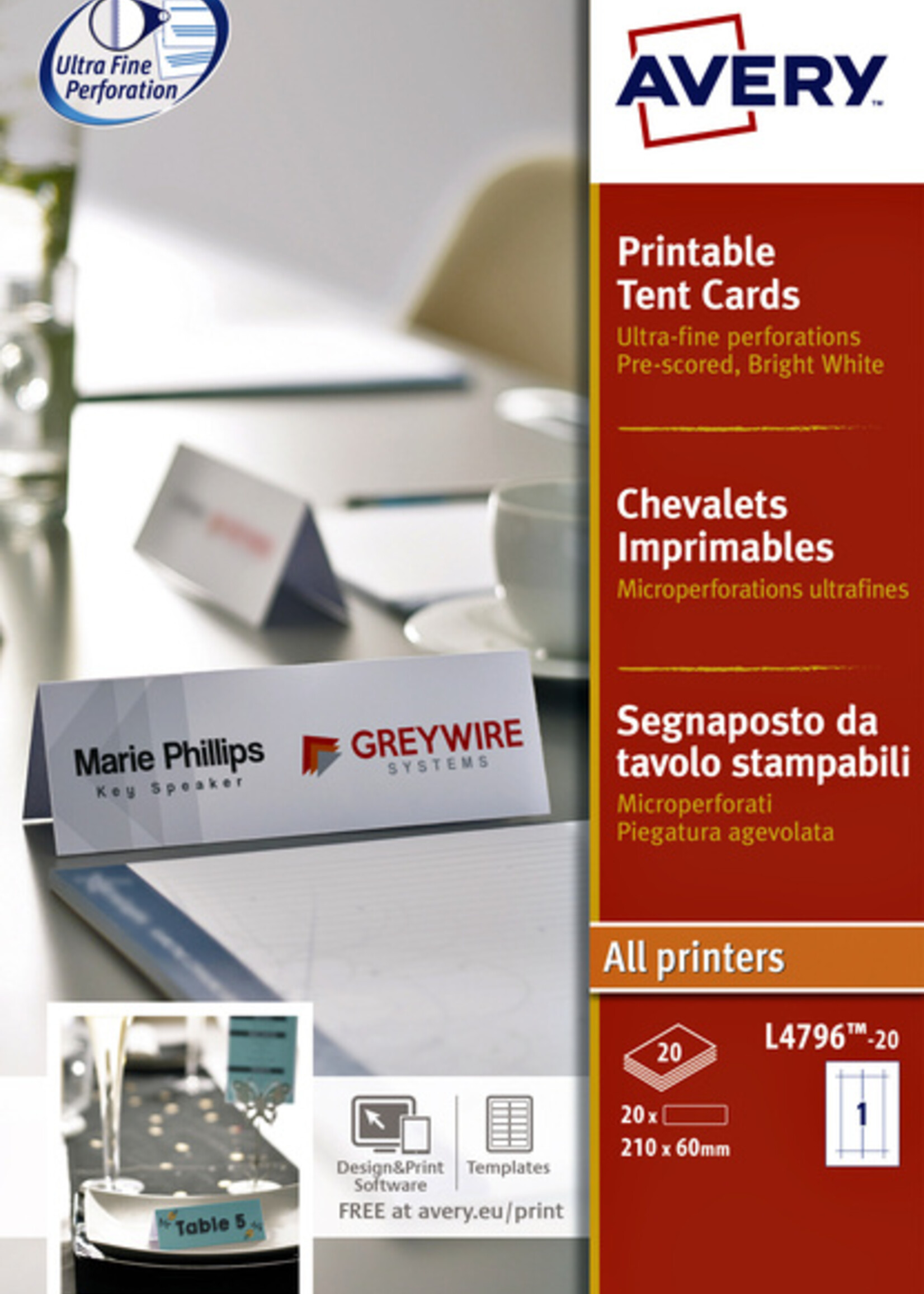 Avery Porte-noms de table Avery L4796-20 210x60mm blanc 20 pièces