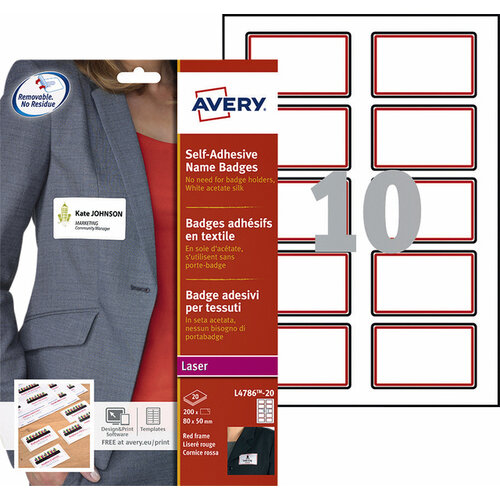 Avery Etiquette badge Avery L4786-20 80x50 adh cadre rouge 200pcs