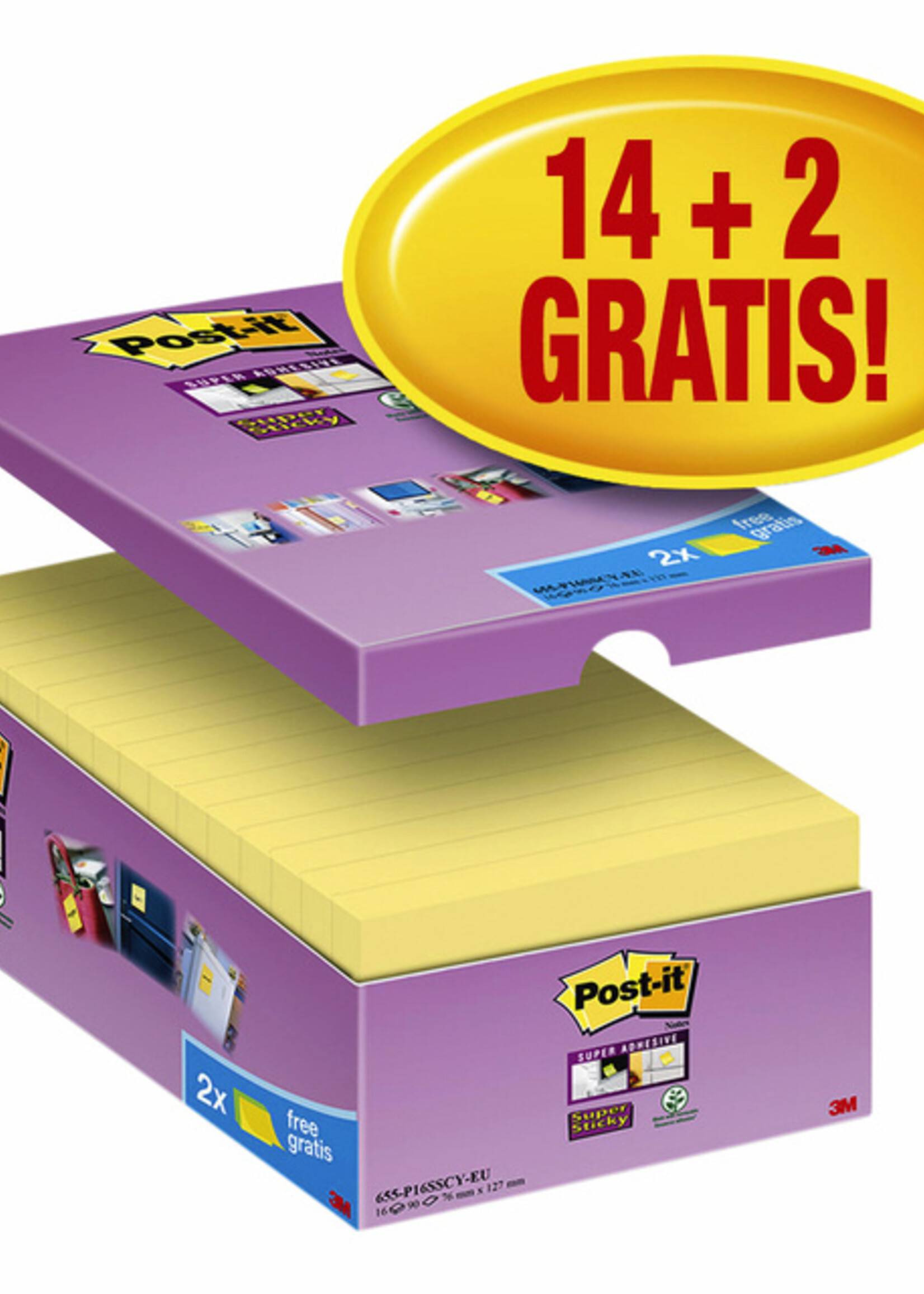 Post-it Memoblok 3M Post-it 655 Super Sticky 76x127mm geel 14+2 gratis