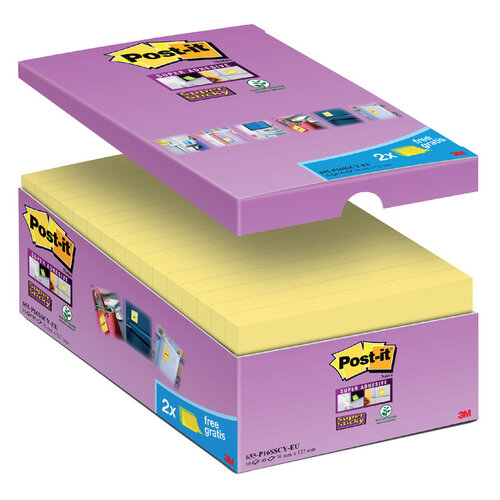 Post-it Memoblok 3M Post-it 655 Super Sticky 76x127mm geel 14+2 gratis