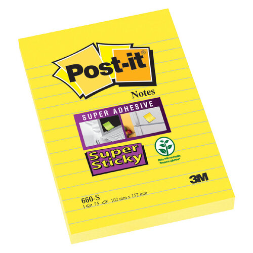 Post-it Memoblok 3M Post-it 660 Super Sticky 102x152 geel met lijn