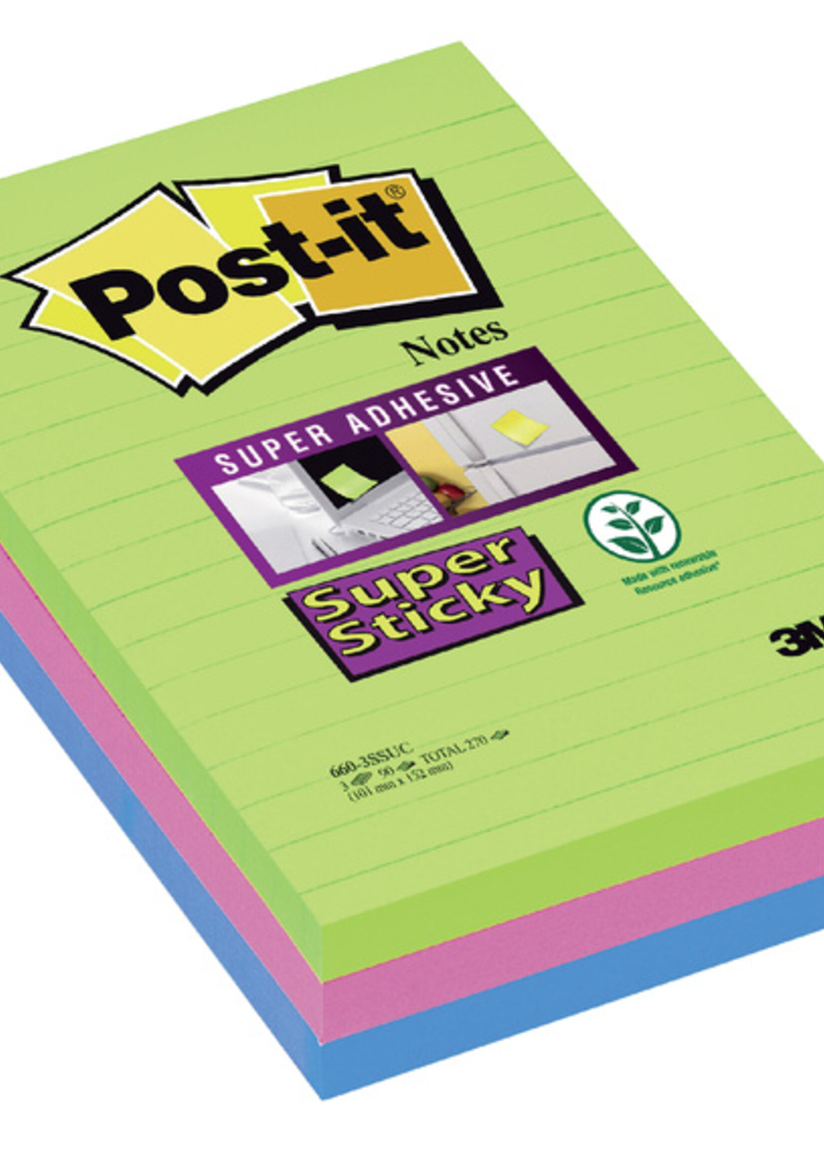 Post-it Memoblok 3M Post-it 660 Super Sticky 102x152mm lijn rainbow