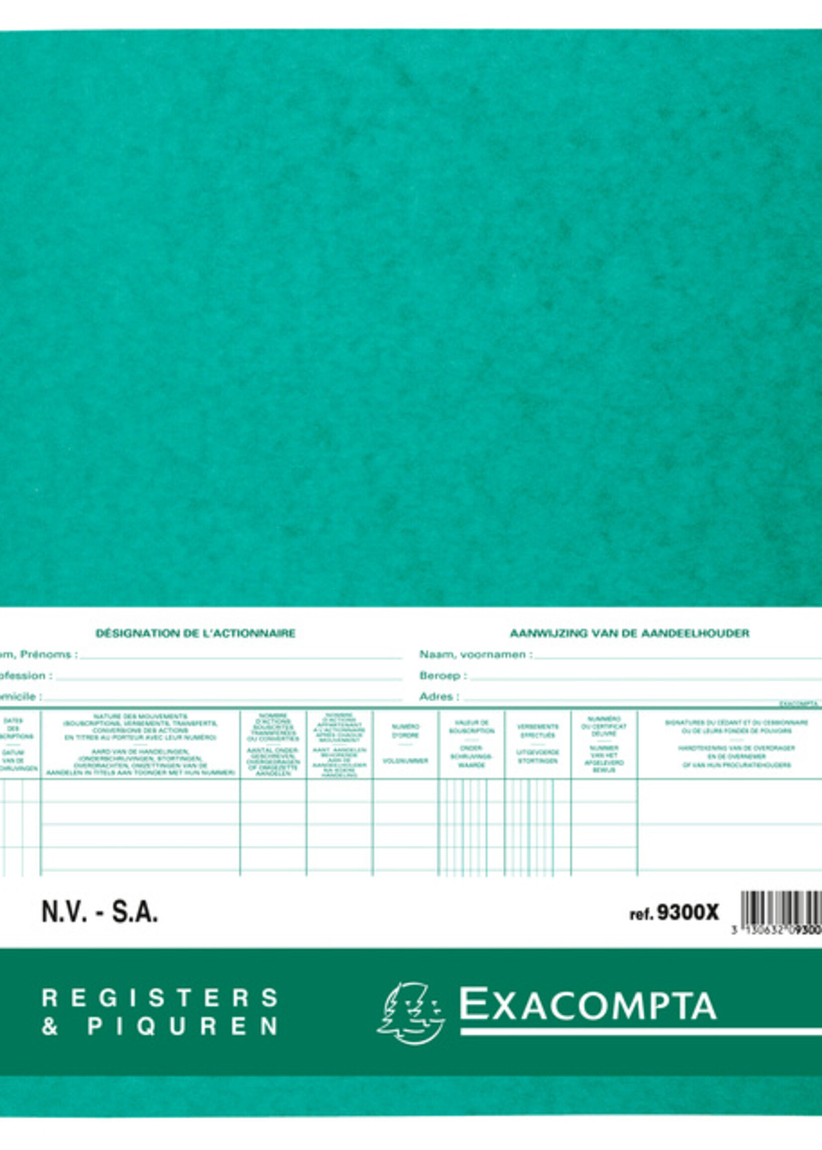 Exacompta Registre Piqûre actionnaires NV/SA 250x320mm 80 feuilles vert
