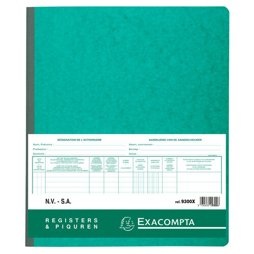 Exacompta Registre Piqûre actionnaires NV/SA 250x320mm 80 feuilles vert