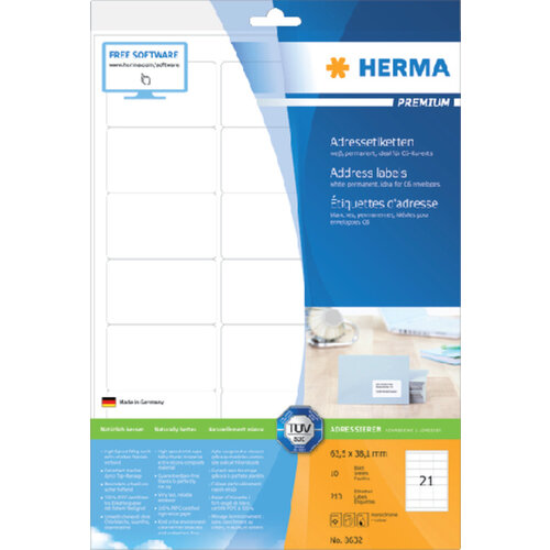 Herma Etiquette HERMA Premium 8632 63,5x38,1mm blanc 210 pièces