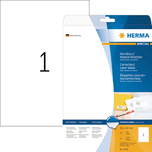 Herma Etiket HERMA 4230 210x297mm A4 correctie wit 25stuks