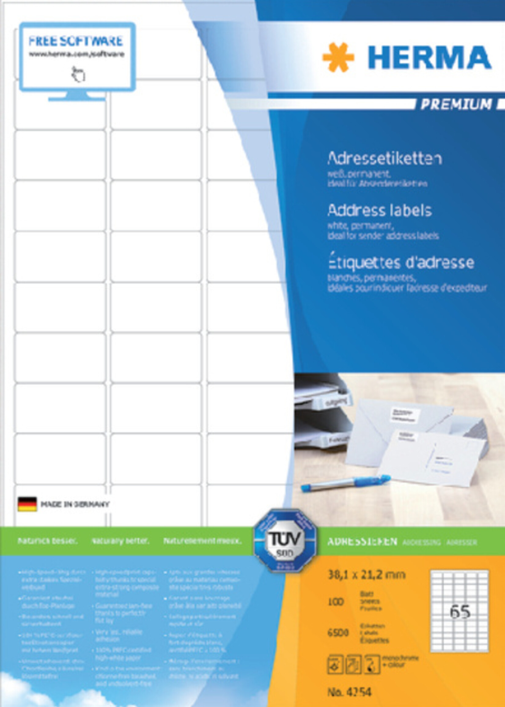 Herma Etiket HERMA 4254 38.1x21.2mm premium wit 6500stuks