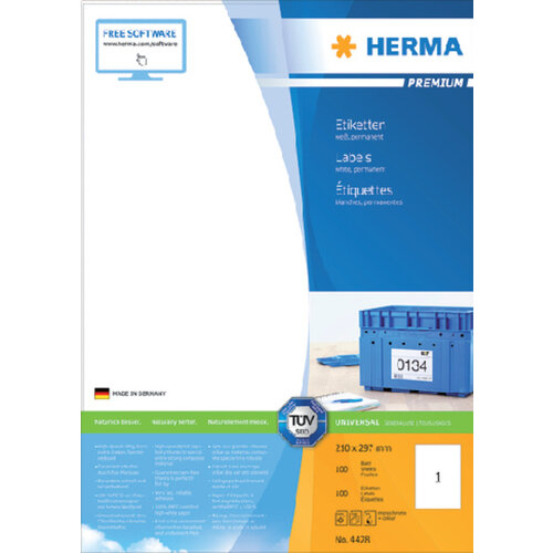 Herma Etiquette HERMA Premium 4428 210x297mm A4 blanc 100 pièces