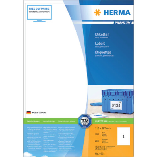 Herma Etiket HERMA 4631 210x297mm A4 premium wit 200stuks