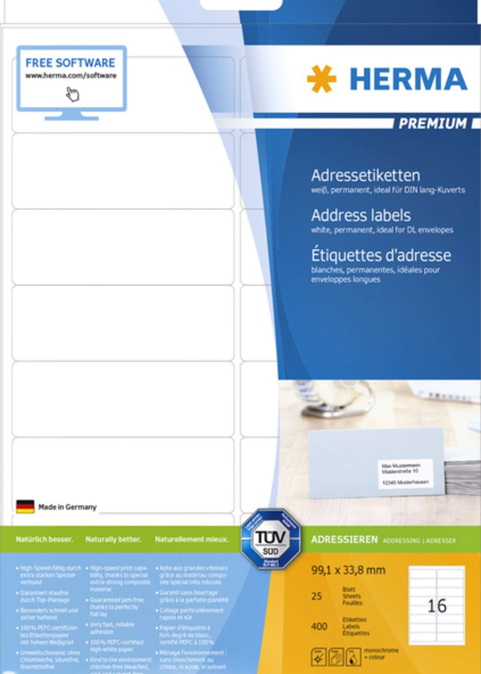 Herma Etiquette HERMA 5075 Premium A4 99,1x33,8mm 400 pièces blanc