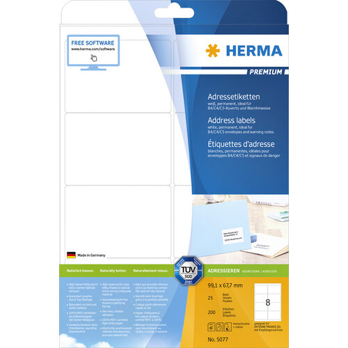 Herma Etiquette HERMA 5077 Premium A4 99,1x67,7mm blanc 200 pièces