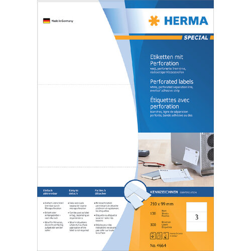 Herma Etiquette HERMA perforée 4664 210x99mm perforé blanc 300 pièces