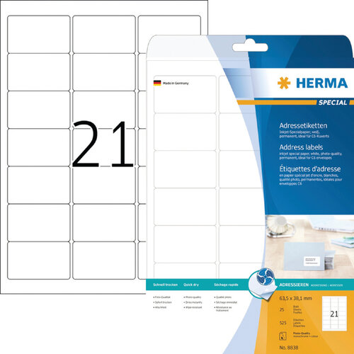 Herma Etiket HERMA 8838 63.5x38.1mm mat wit 525stuks