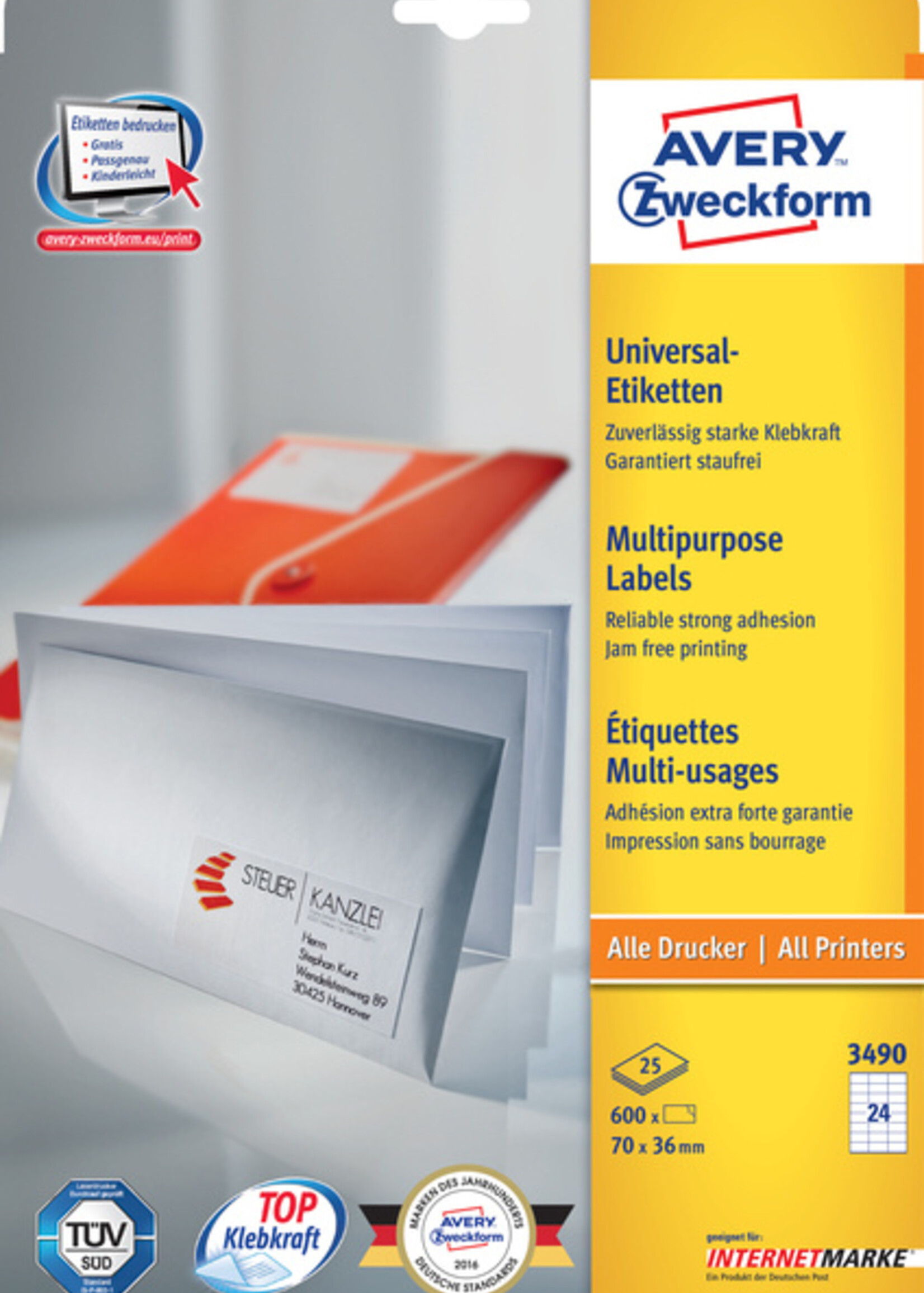 Avery Zweckform Etiket Avery Zweckform 3490 70x36mm wit 600stuks
