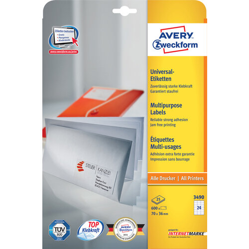 Avery Zweckform Etiket Avery Zweckform 3490 70x36mm wit 600stuks