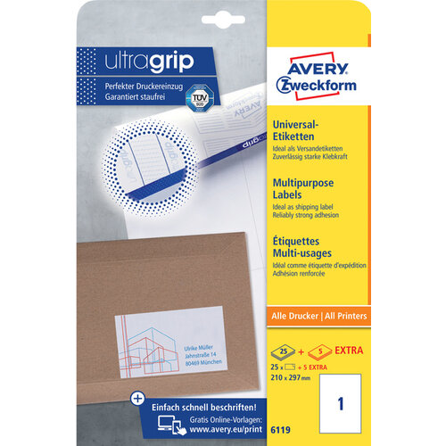 Avery Zweckform Etiket Avery Zweckform 6119 210x297mm A4 wit 25stuks