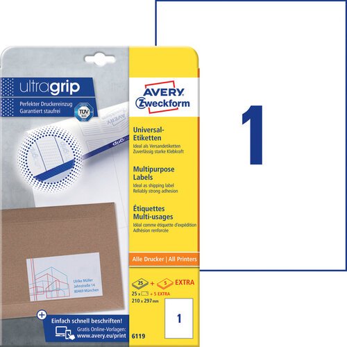 Avery Zweckform Etiket Avery Zweckform 6119 210x297mm A4 wit 25stuks