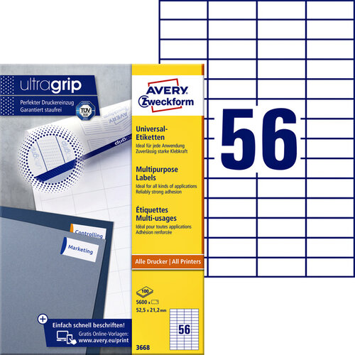 Avery Zweckform Etiket Avery Zweckform 3668 52.5x21.2mm wit 5600stuks