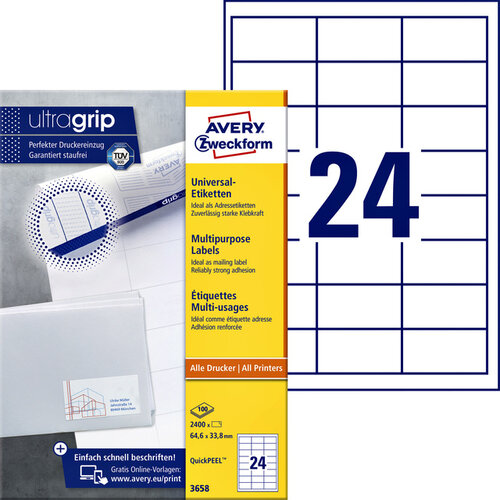 Avery Zweckform Etiket Avery Zweckform 3658 64.6x33.8mm wit 2400stuks