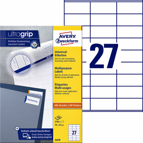 Avery Zweckform Etiket Avery Zweckform 3479 70x32mm wit 2700stuks