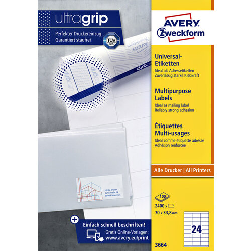 Avery Zweckform Etiket Avery Zweckform 3664 70x33.8mm wit 2400stuks