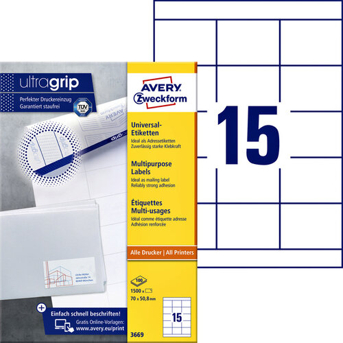 Avery Zweckform Etiket Avery Zweckform 3669 70x50.8mm wit 1500stuks