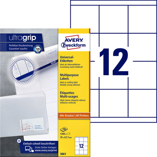 Avery Zweckform Etiket Avery Zweckform 3661 70x67.7mm wit 1200stuks