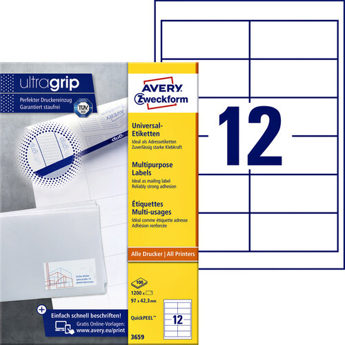 Avery Zweckform Etiket Avery Zweckform 3659 97x42.3mm wit 1200stuks