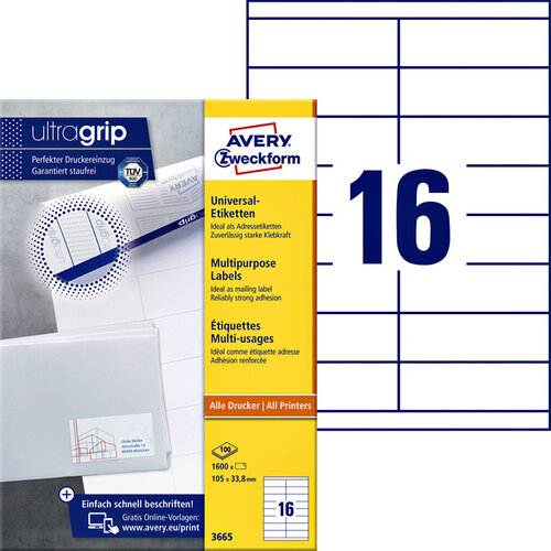 Avery Zweckform Etiket Avery Zweckform 3665 105x33.8mm wit 1600stuks