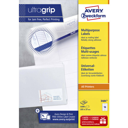 Avery Zweckform Etiket Avery Zweckform 3484 105x37mm wit 1600stuks