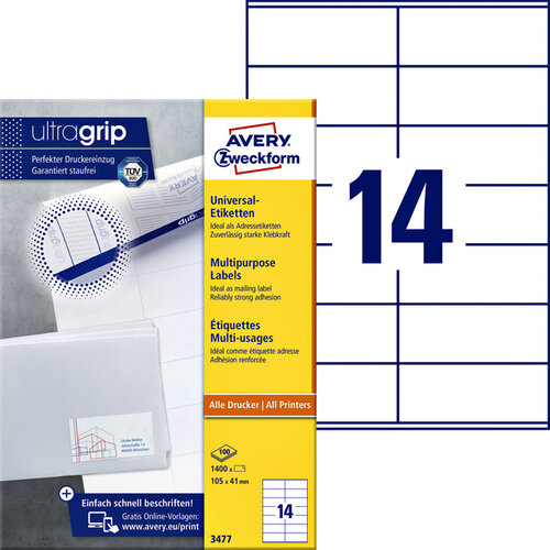 Avery Zweckform Etiket Avery Zweckform 3477 105x41mm wit 1400stuks