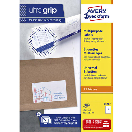 Avery Zweckform Etiket Avery Zweckform 3478 210x297mm A4 wit 100stuks