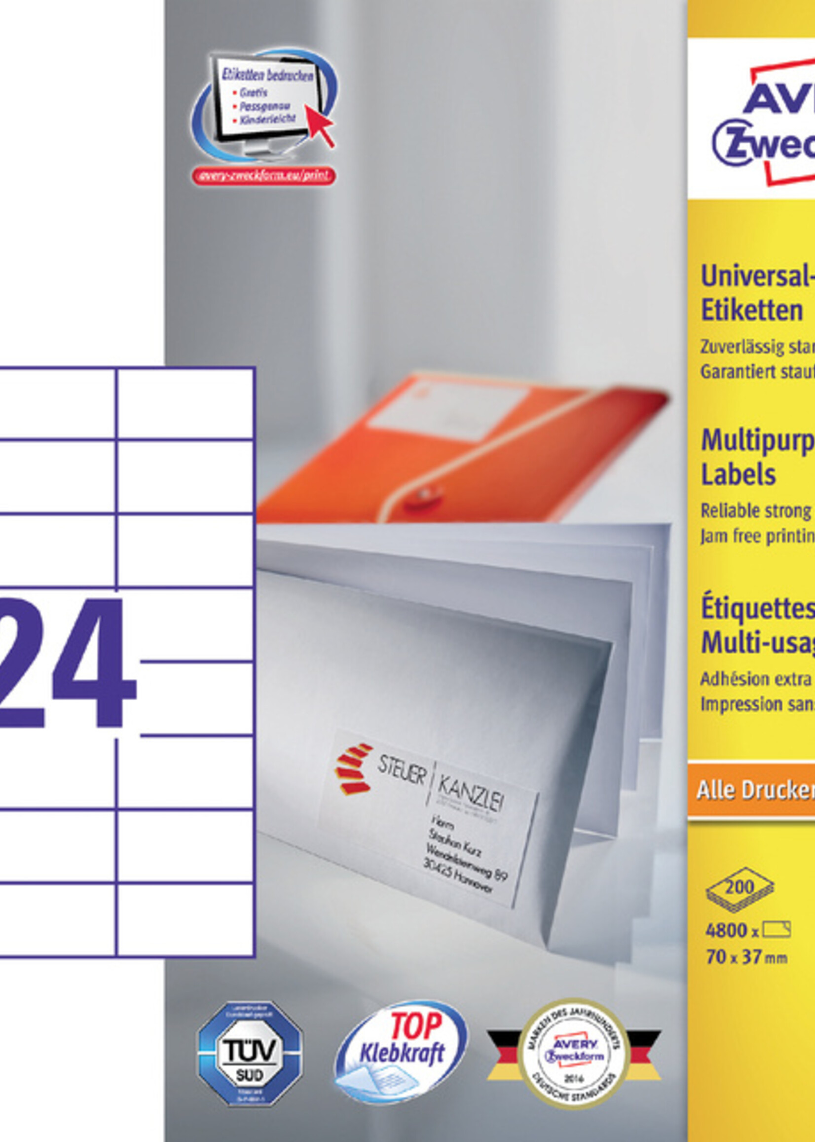 Avery Zweckform Etiquette Avery Zweckform 3474-200 70x37mm blanc 4800 pièces