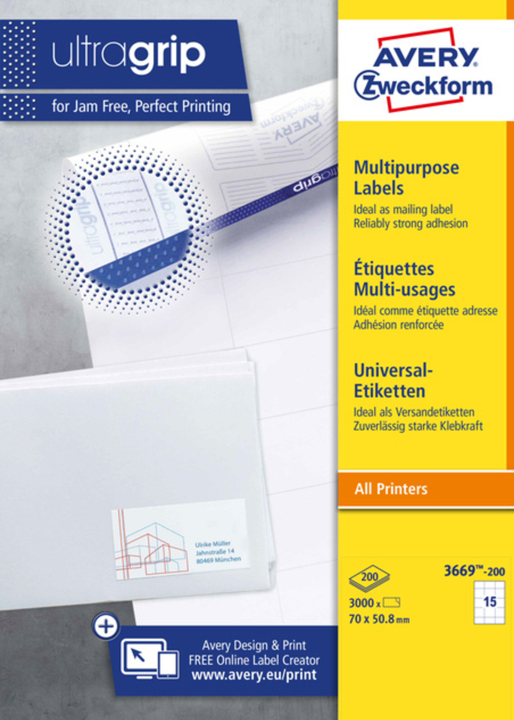 Avery Zweckform Etiket Avery Zweckform 3669-200 70x50.8mm wit 3000stuks