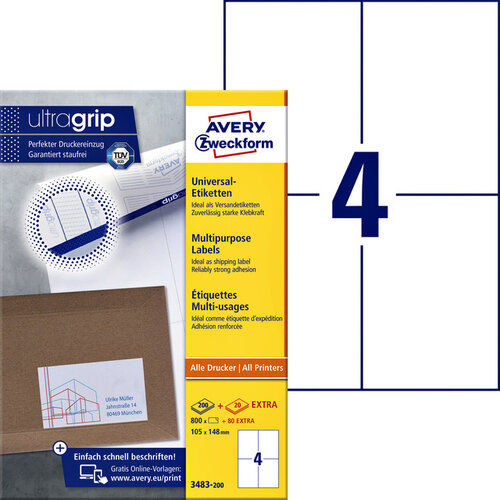 Avery Zweckform Etiket Avery Zweckform 3483-200 105x148mm A6 wit 800stuks