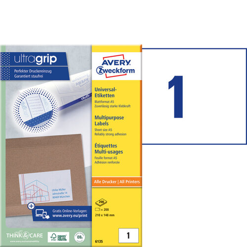 Avery Zweckform Etiket Avery Zweckform 6135 210x148mm wit 200stuks