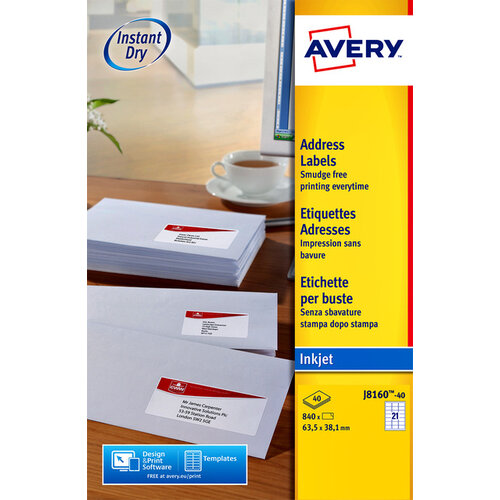 Avery Etiket Avery J8160-40 63.5x38.1mm wit 840stuks