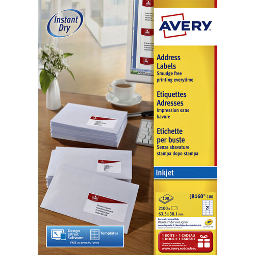 Avery Etiket Avery J8160-100 63.5x38.1mm wit 2100stuks