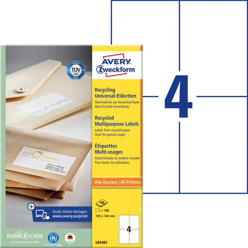 Avery Zweckform Etiket Avery Zweckform LR3483 105x148mm A6 recycled wit 400stuks