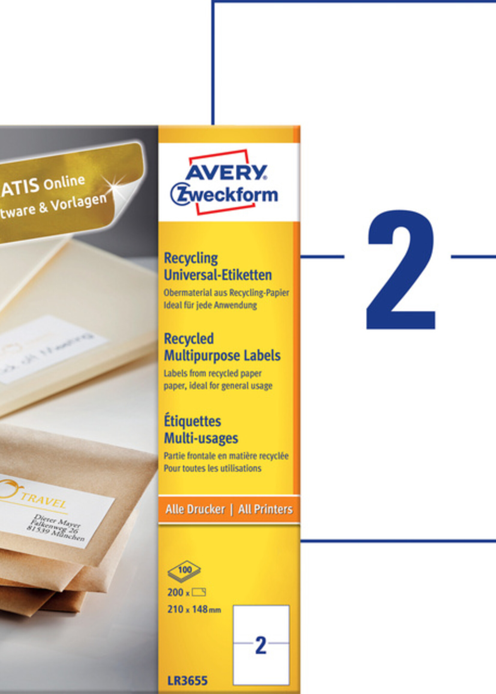 Avery Zweckform Etiket Avery Zweckform LR3655 210x148mm A5 recycled wit 200stuks