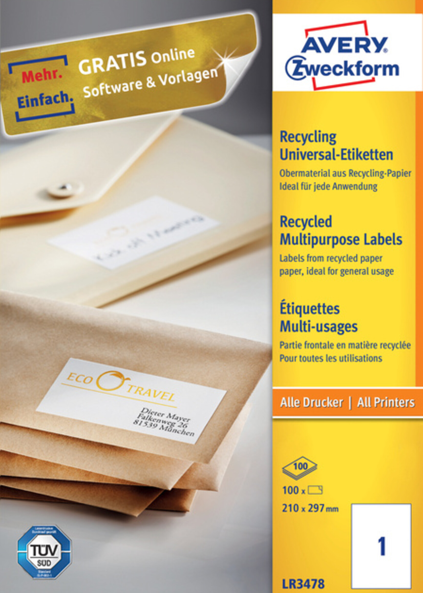 Avery Zweckform Etiquette Avery Zweckform LR3478 210x297mm A4 recyclé blanc 100 pcs