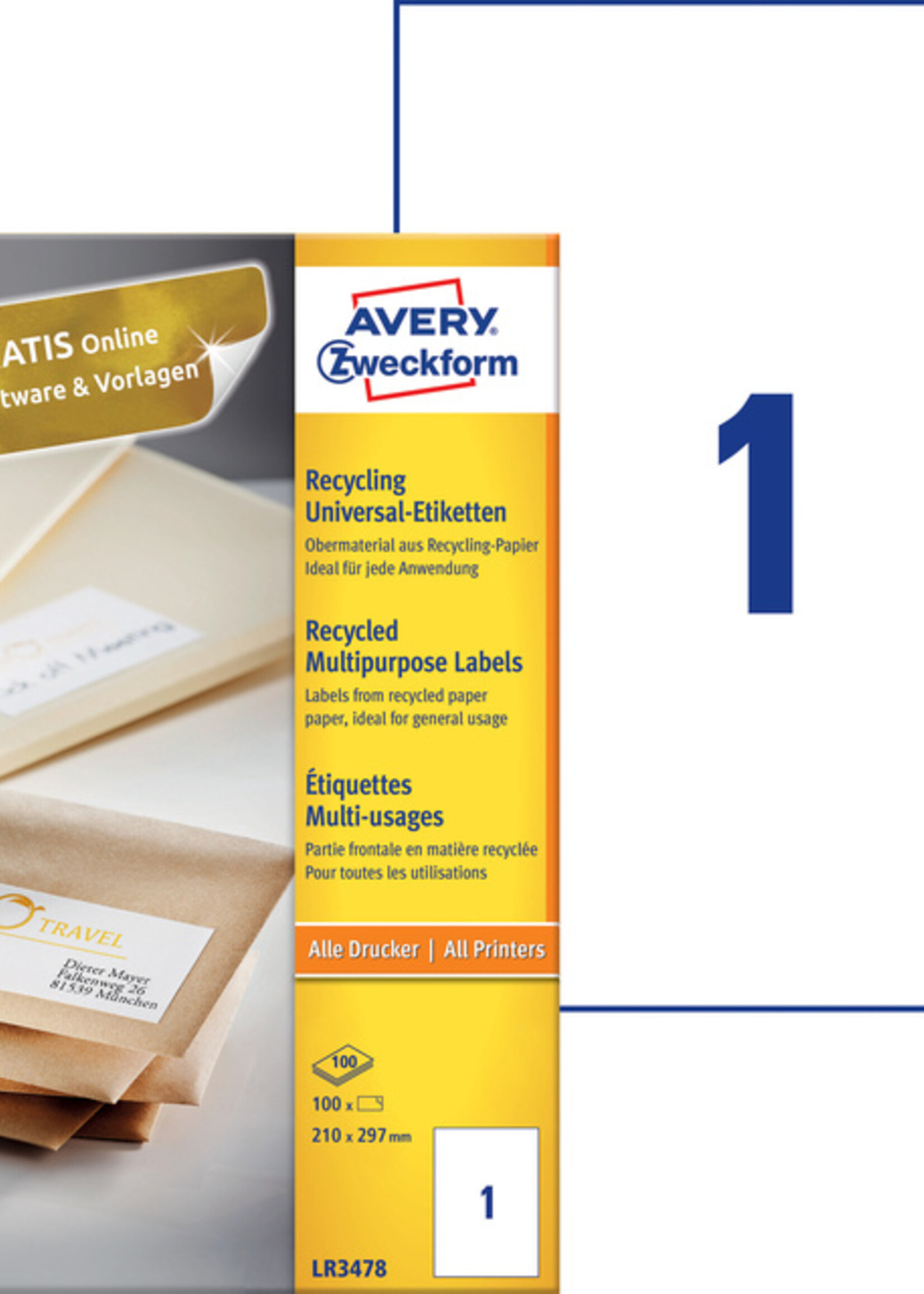 Avery Zweckform Etiquette Avery Zweckform LR3478 210x297mm A4 recyclé blanc 100 pcs