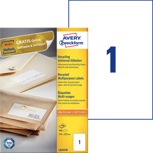 Avery Zweckform Etiket Avery Zweckform LR3478 210x297mm A4 recycled wit 100stuks