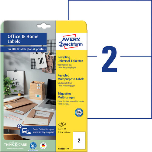 Avery Zweckform Etiquette Avery Zweckform LR-3655-10 210x148mm recyclé blanc 20 pièces