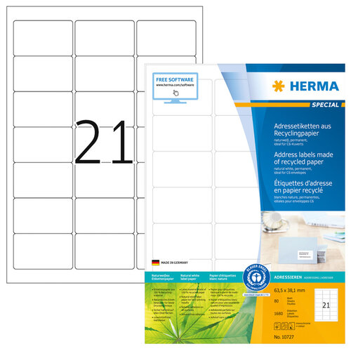 Herma Etiquette HERMA Recycling 10727 63,5x38,1mm blanc 1680 pièces