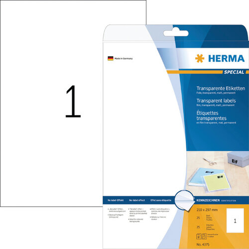 Herma Etiquette HERMA 4375 210x297mm A4 transparent 25 pièces