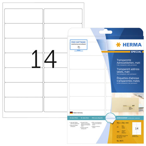 Herma Etiket HERMA 8671 A4 99.1x38.1mm folie transparant mat 350st