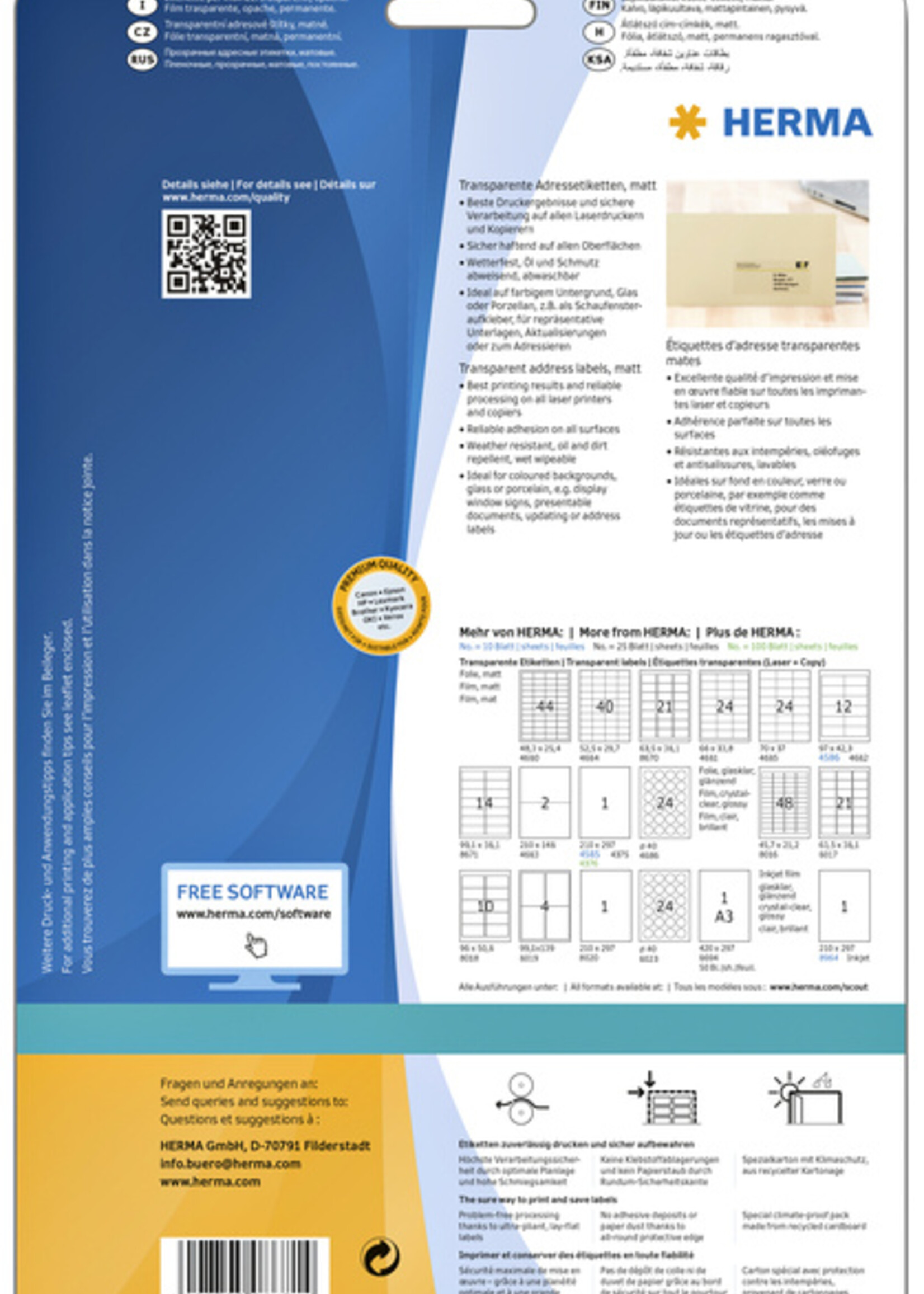 Herma Etiket HERMA 8671 A4 99.1x38.1mm folie transparant mat 350st