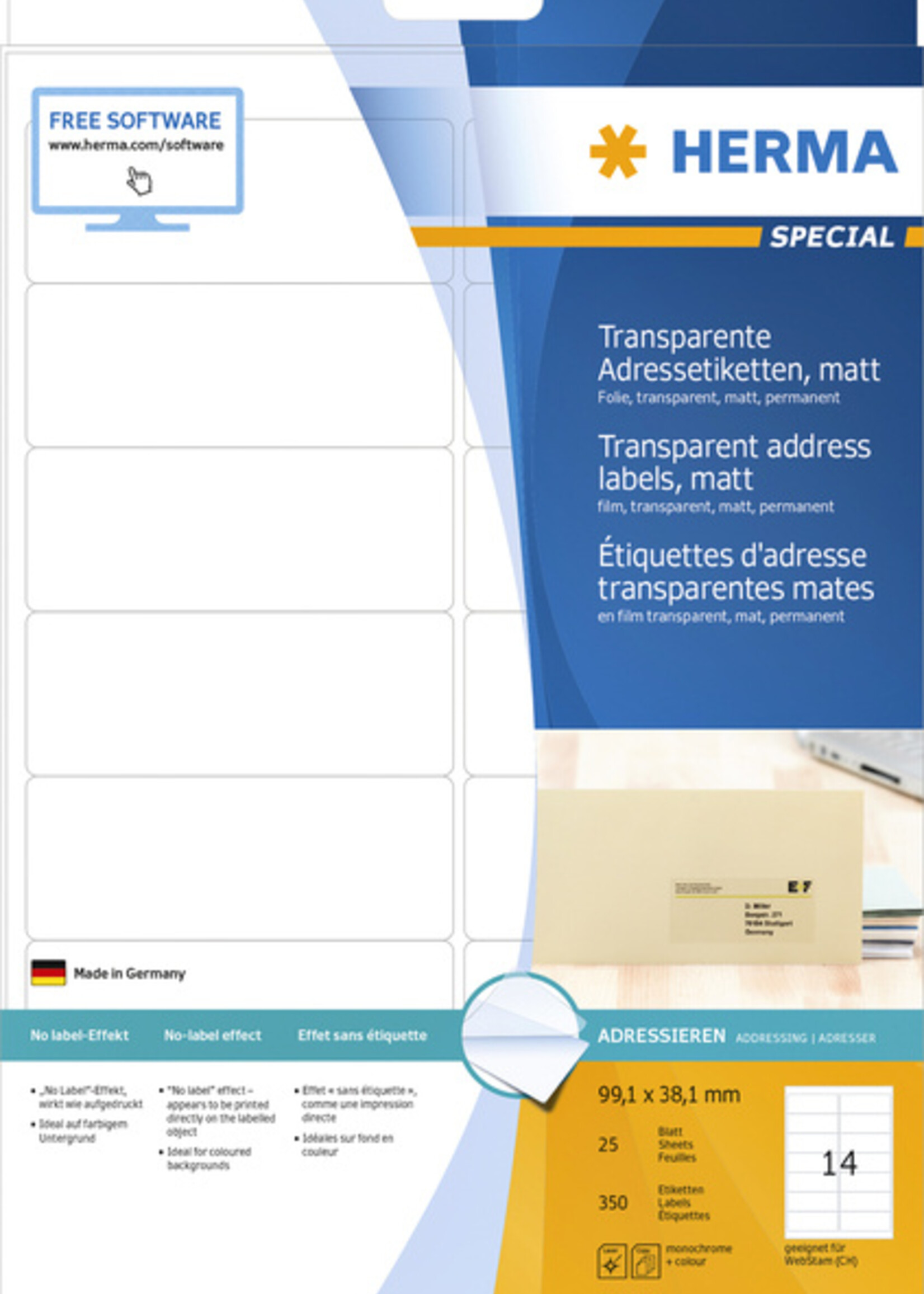 Herma Etiquette HERMA 8671 A4 99,1x38,1mm 350 pièces fim transparent mat